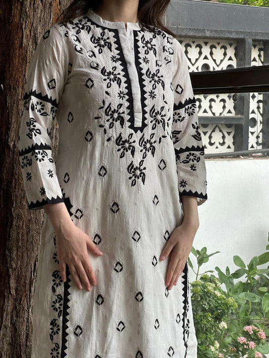 Monochrome Applique Cotton Chikankari Kurta