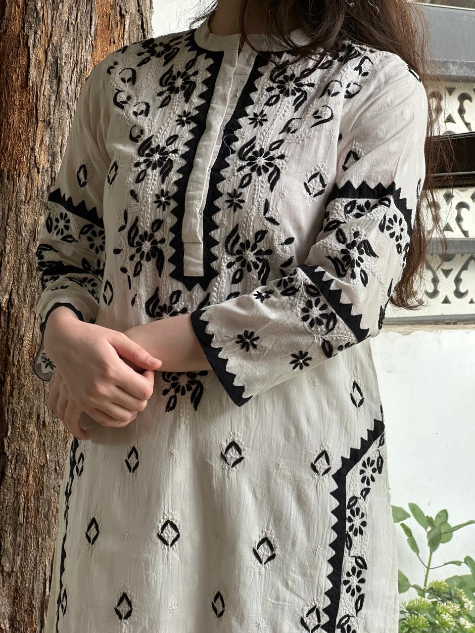 Monochrome Applique Cotton Chikankari Kurta