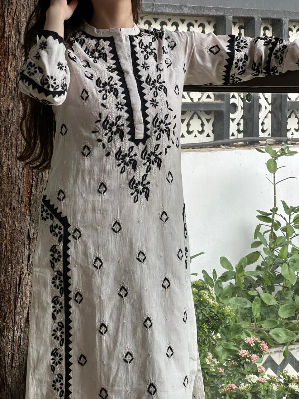 Monochrome Applique Cotton Chikankari Kurta