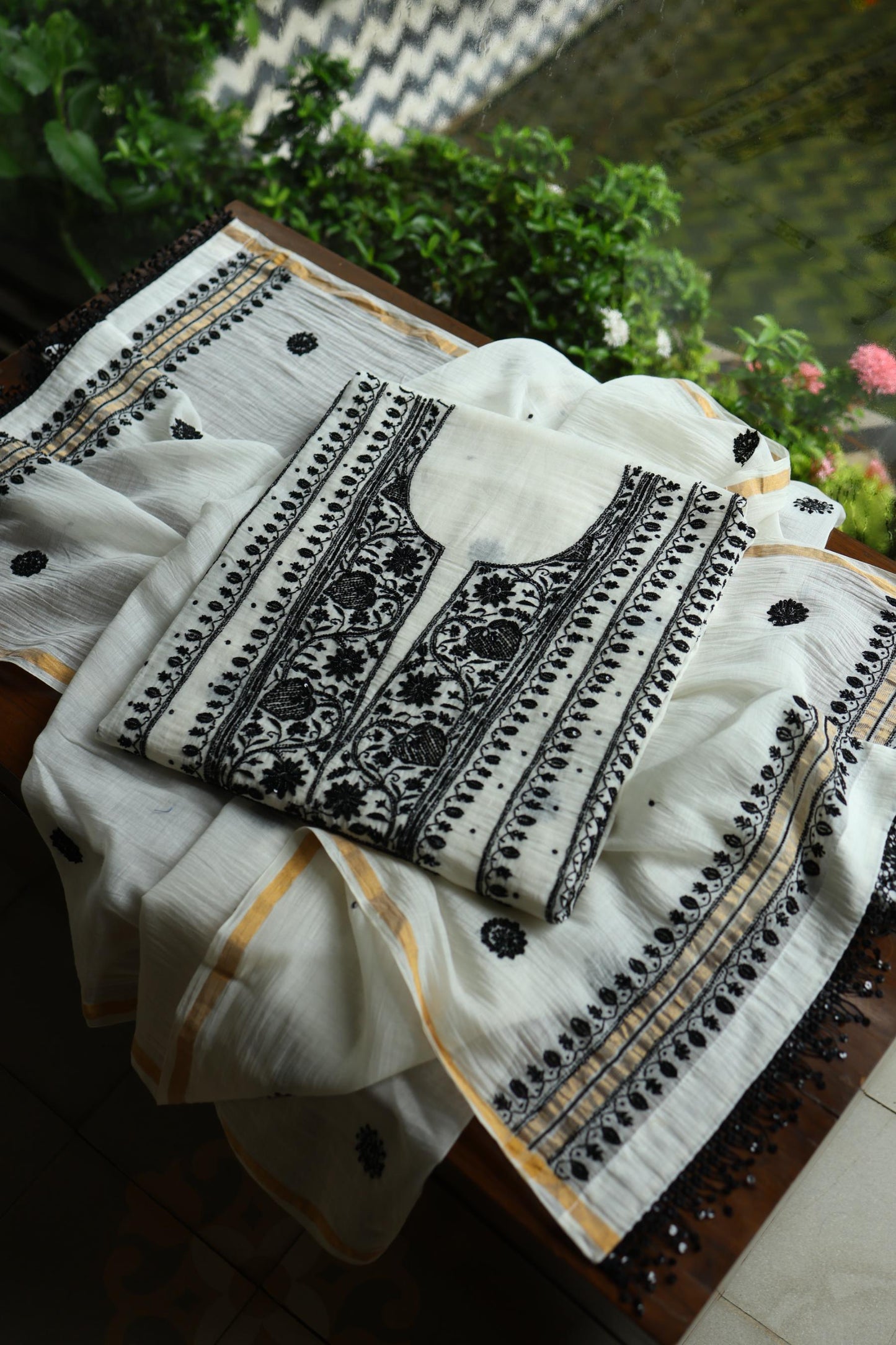 Monochrome Mal Chanderi Silk Chikankari A Line Unstitched Fabric