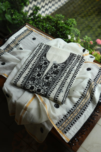 Monochrome Mal Chanderi Silk Chikankari A Line Unstitched Fabric