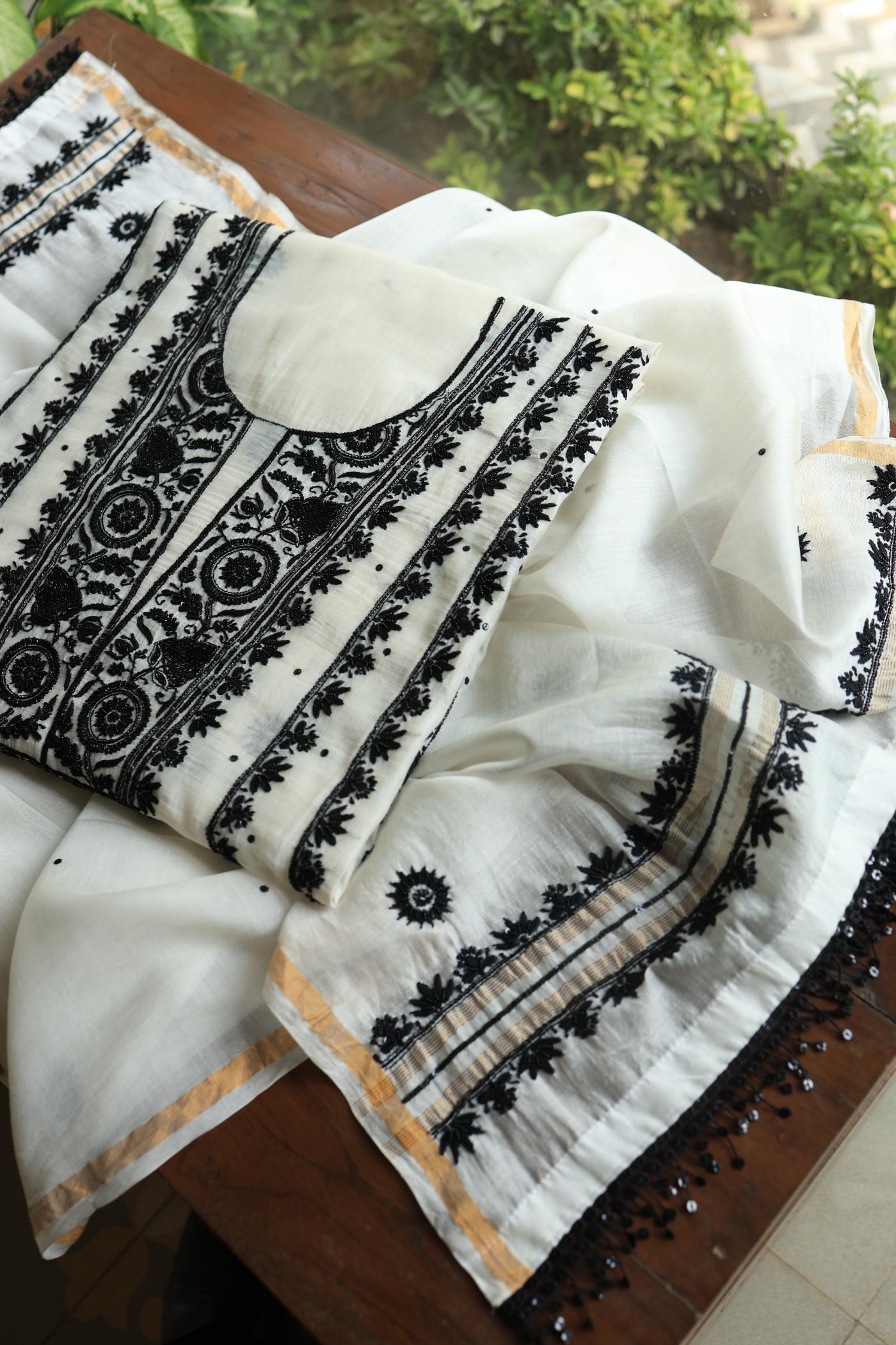 Monochrome Mal Chanderi Silk Chikankari Unstitched Fabric