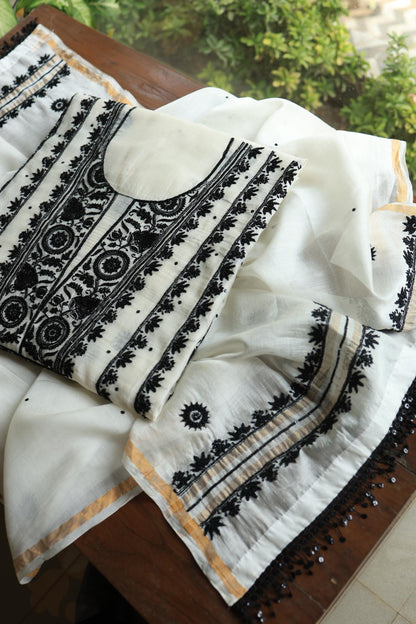 Monochrome Mal Chanderi Silk Chikankari Unstitched Fabric