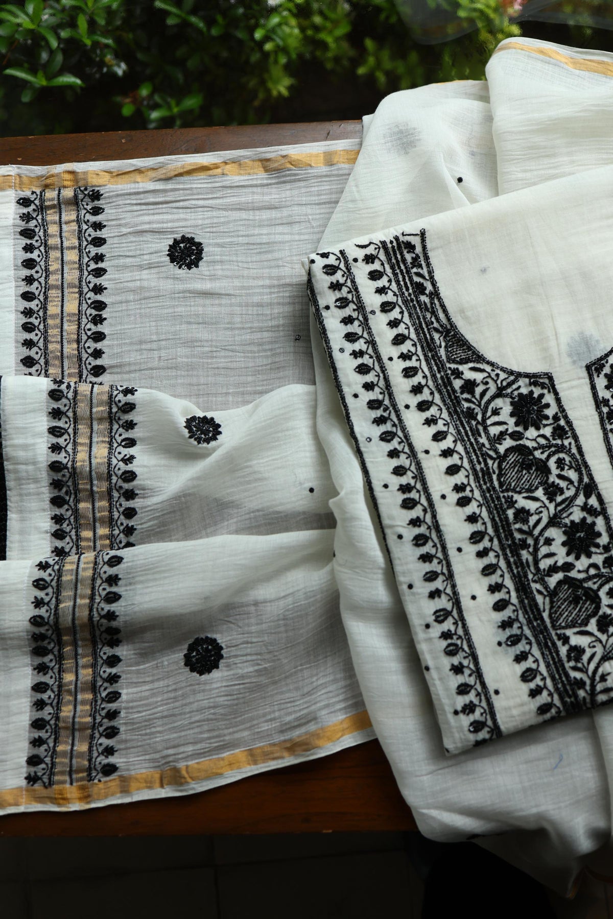 Monochrome Mal Chanderi Silk Chikankari A Line Unstitched Fabric