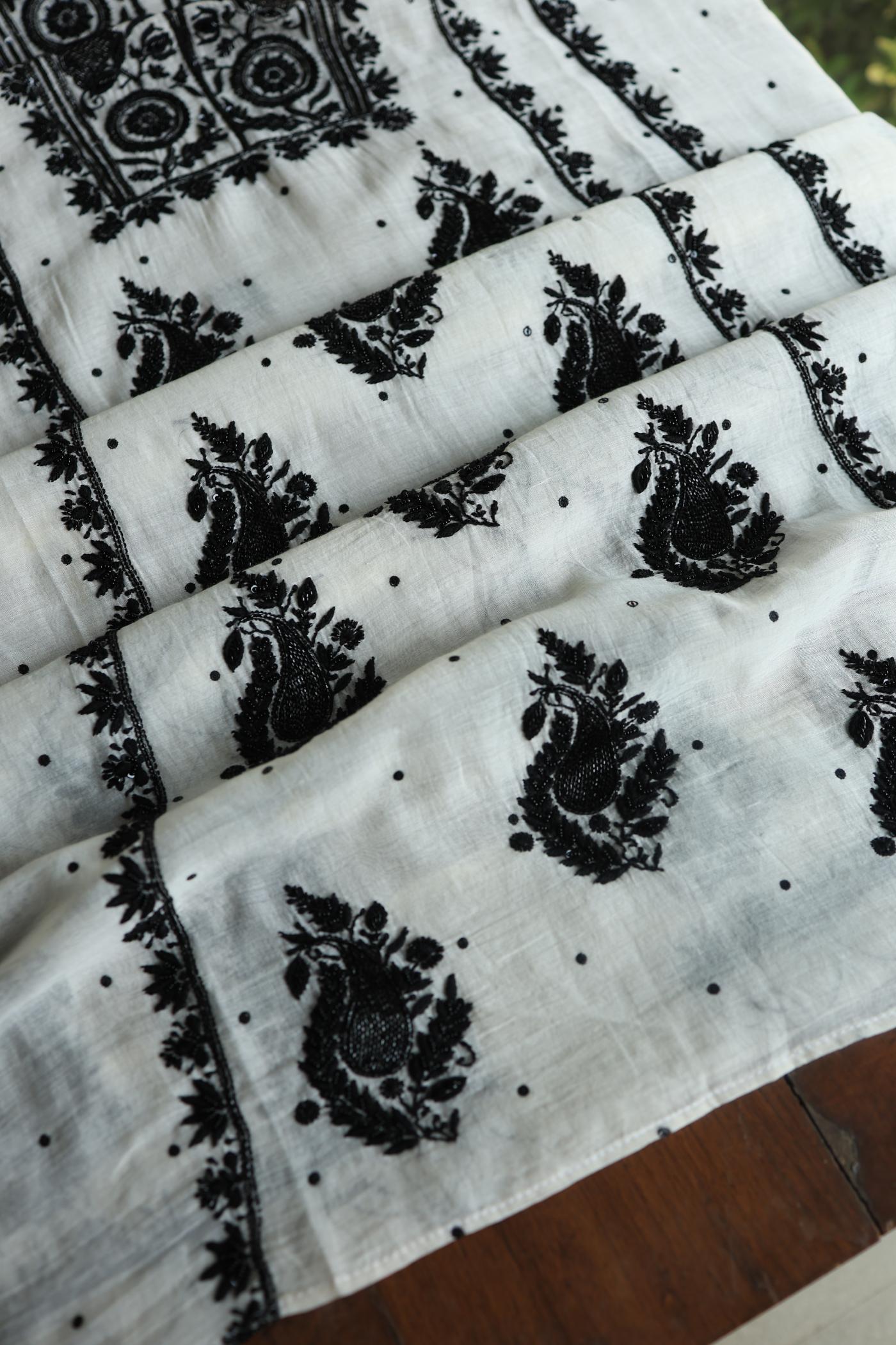 Monochrome Mal Chanderi Silk Chikankari Unstitched Fabric