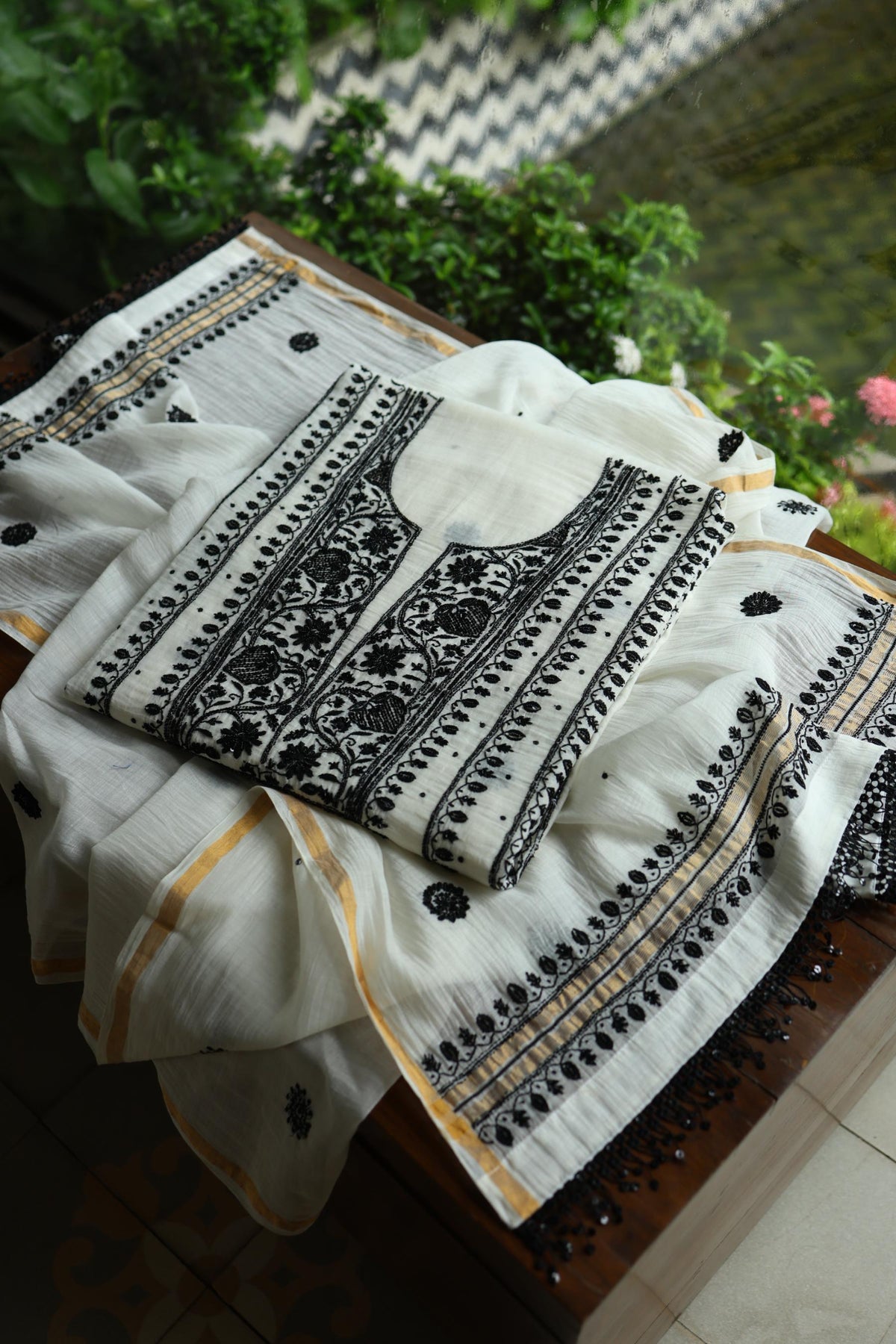 Monochrome Mal Chanderi Silk Chikankari A Line Unstitched Fabric