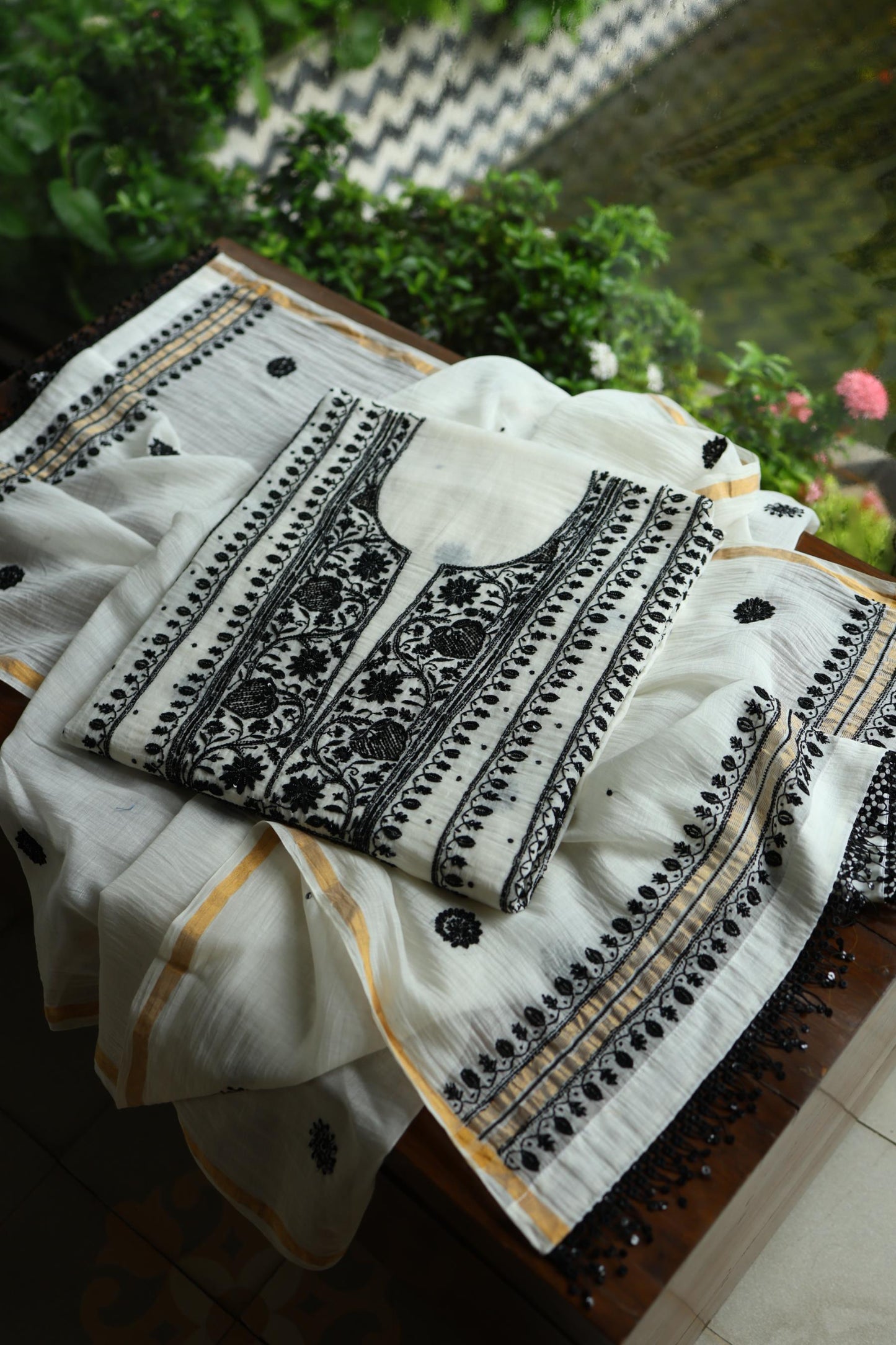 Monochrome Mal Chanderi Silk Chikankari A Line Unstitched Fabric