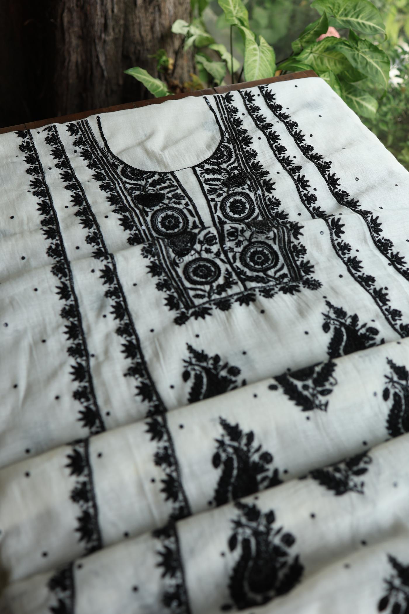 Monochrome Mal Chanderi Silk Chikankari Unstitched Fabric