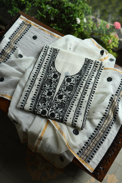 Monochrome Mal Chanderi Silk Chikankari A Line Unstitched Fabric