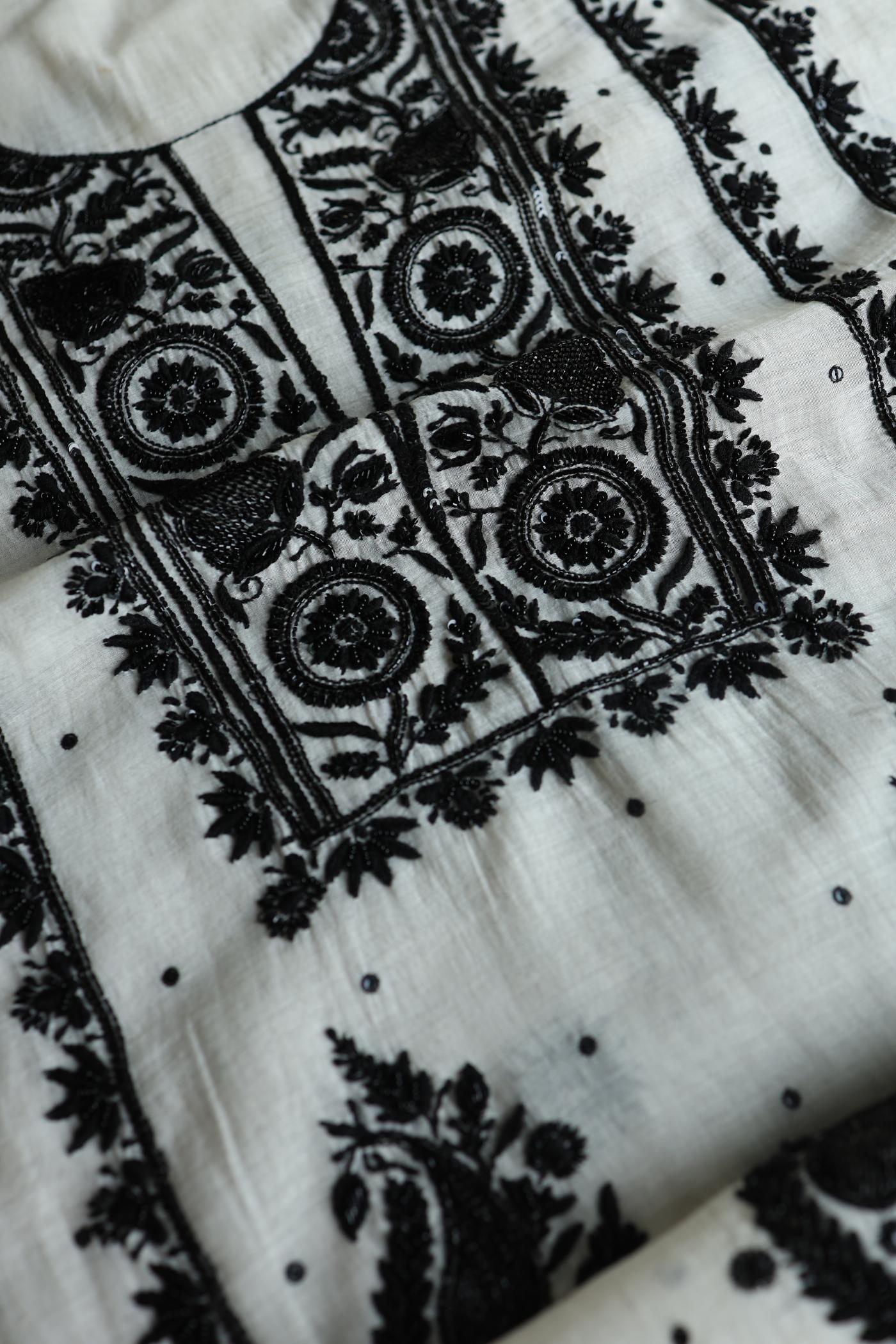Monochrome Mal Chanderi Silk Chikankari Unstitched Fabric