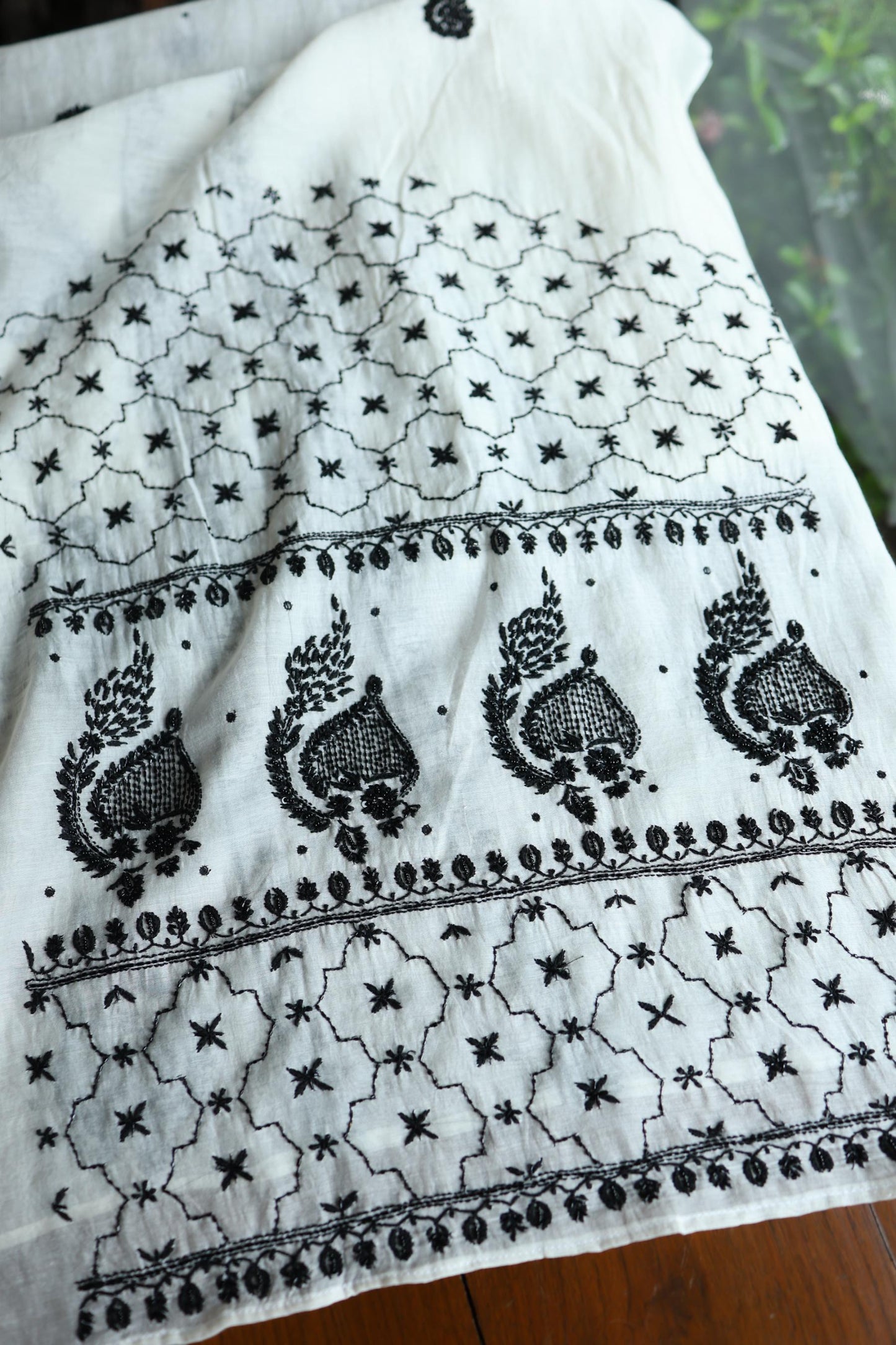 Monochrome Mal Chanderi Silk Chikankari A Line Unstitched Fabric