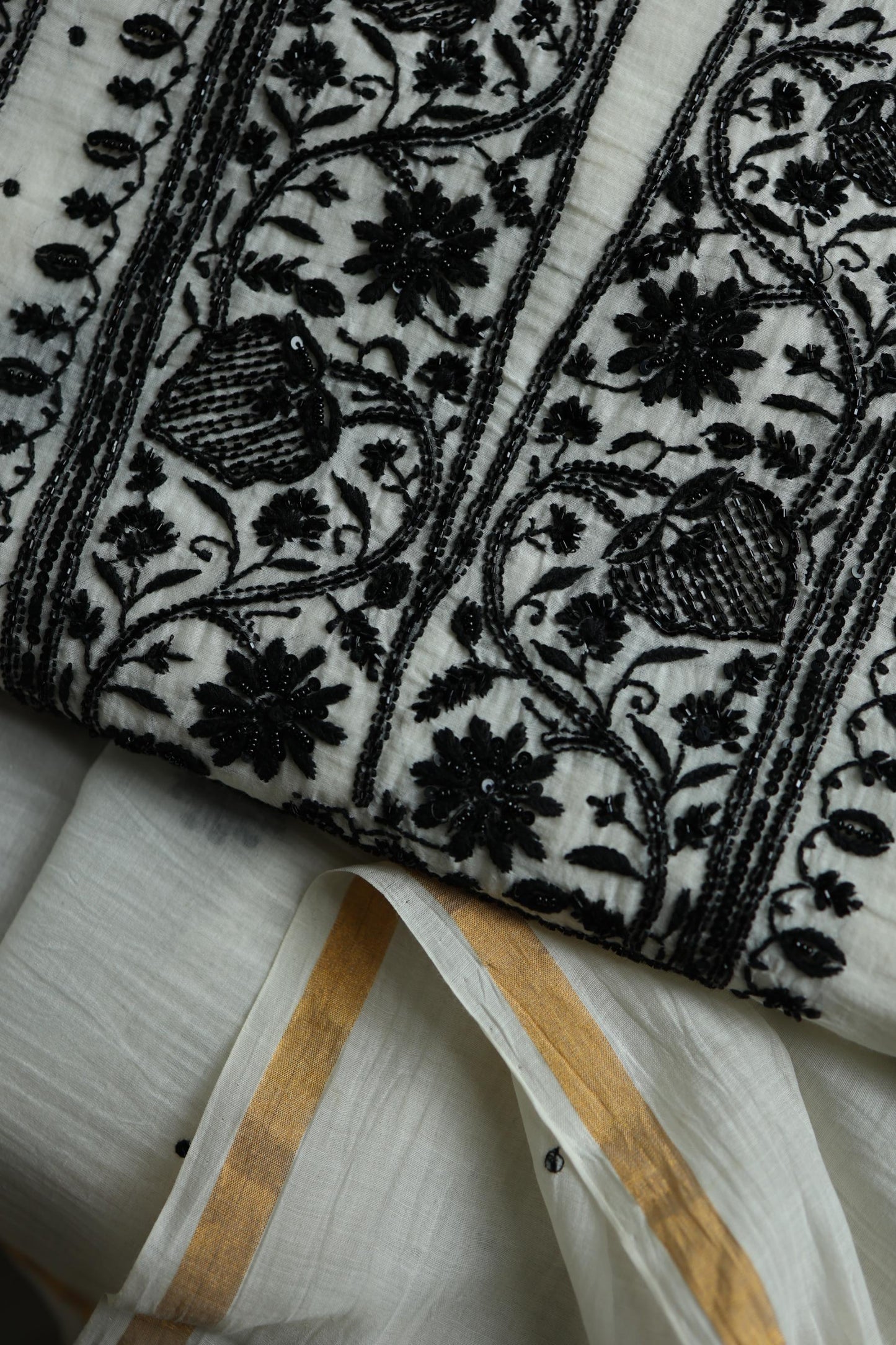 Monochrome Mal Chanderi Silk Chikankari A Line Unstitched Fabric