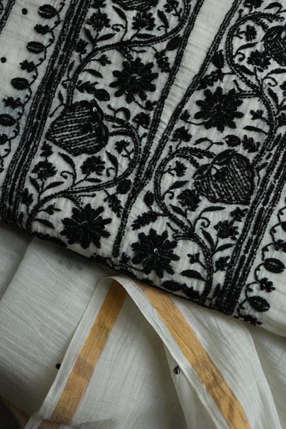 Monochrome Mal Chanderi Silk Chikankari A Line Unstitched Fabric