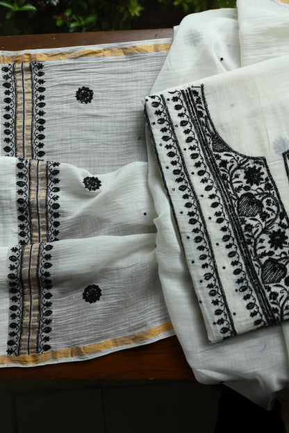 Monochrome Mal Chanderi Silk Chikankari A Line Unstitched Fabric