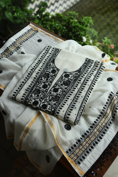 Monochrome Mal Chanderi Silk Chikankari A Line Unstitched Fabric