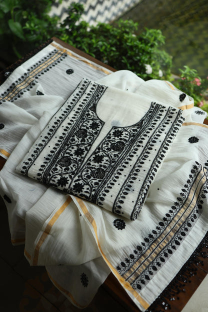Monochrome Mal Chanderi Silk Chikankari A Line Unstitched Fabric