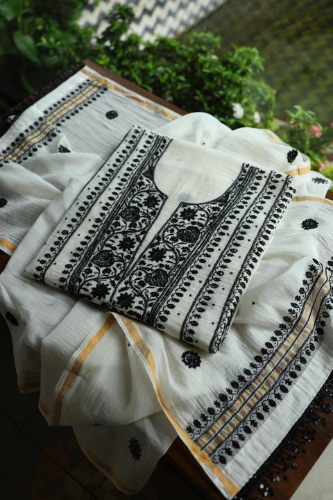 Monochrome Mal Chanderi Silk Chikankari A Line Unstitched Fabric