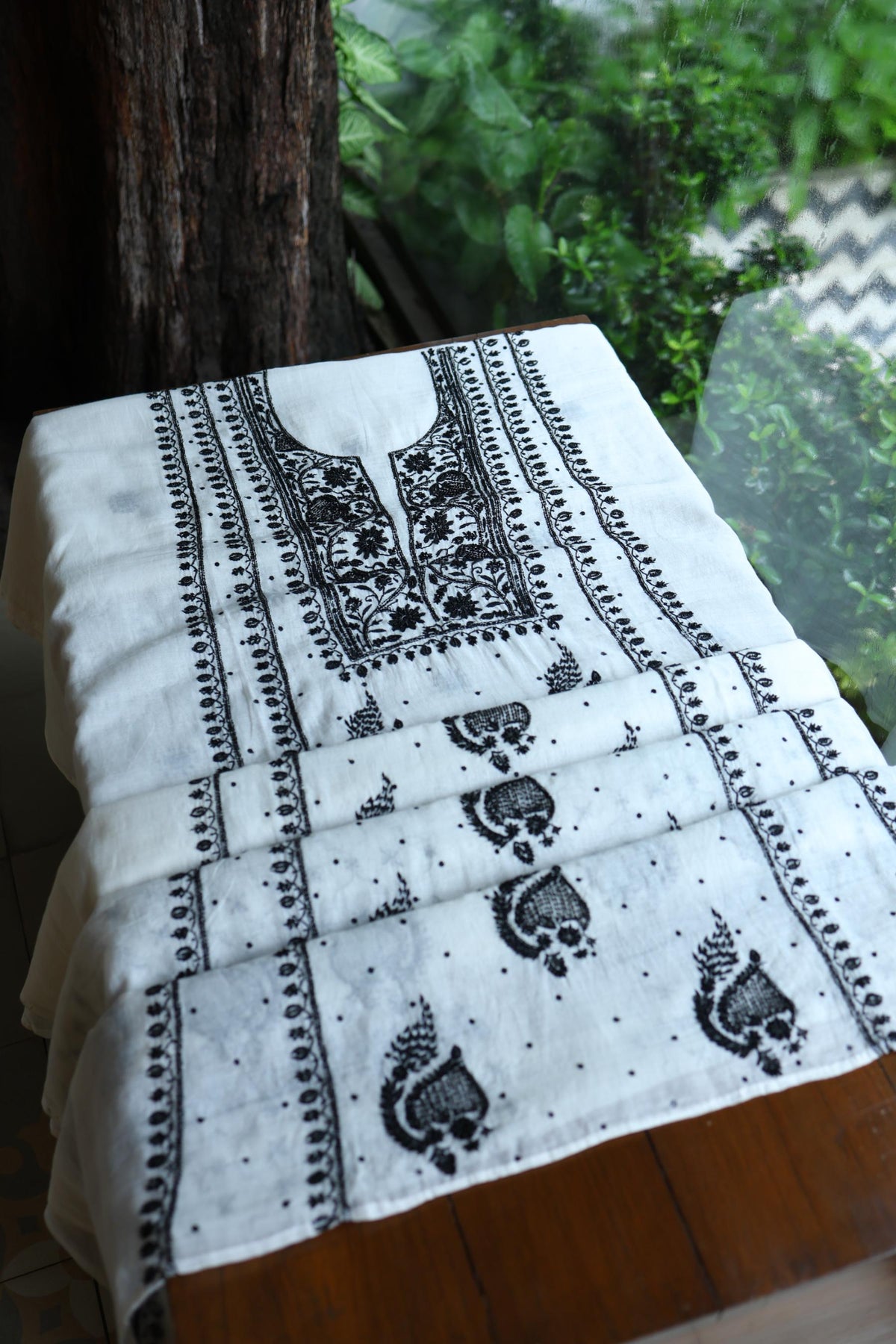 Monochrome Mal Chanderi Silk Chikankari A Line Unstitched Fabric