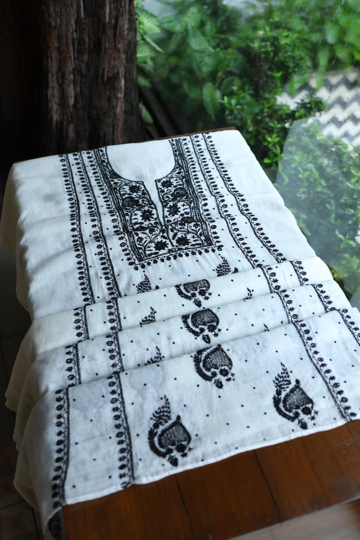 Monochrome Mal Chanderi Silk Chikankari A Line Unstitched Fabric