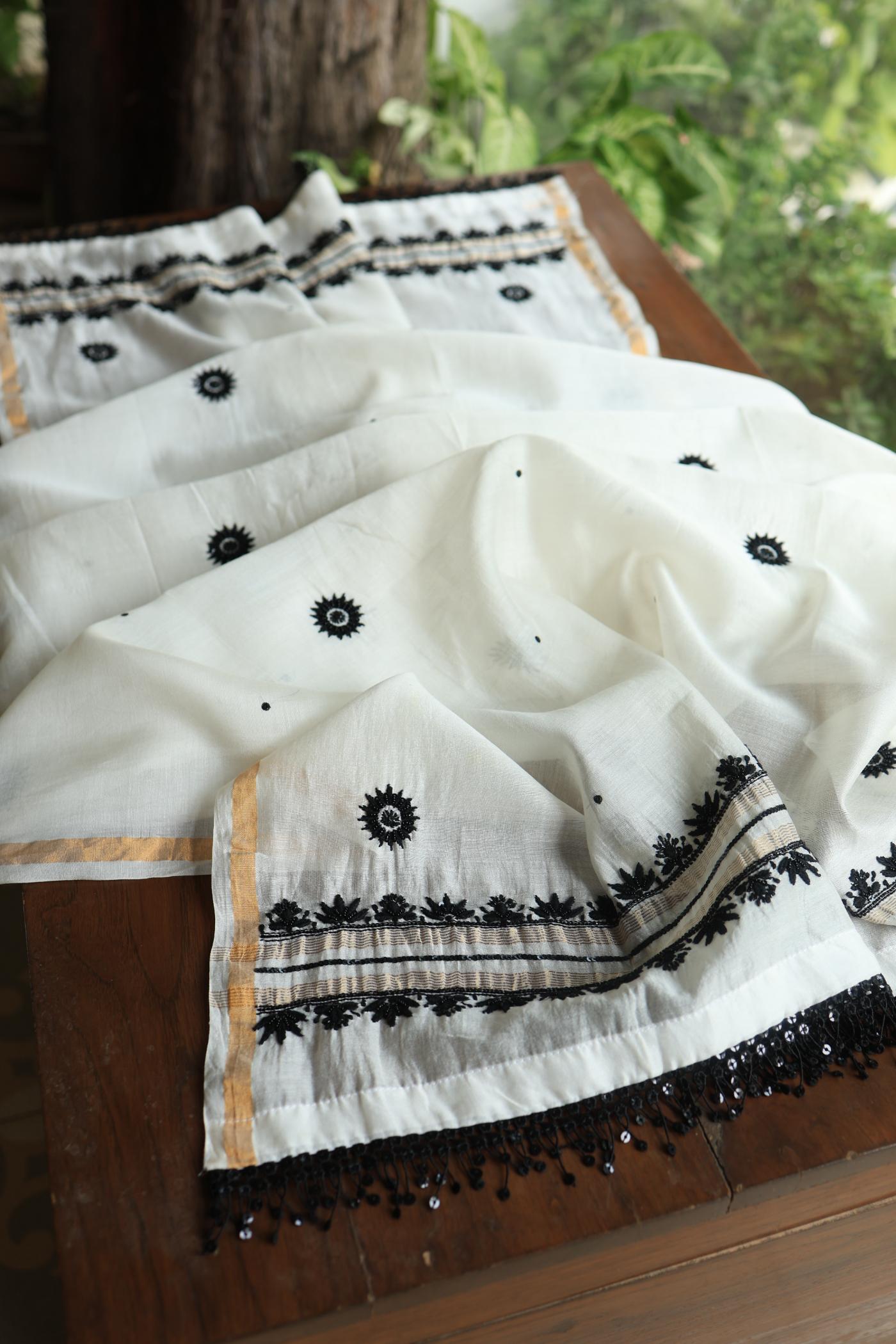 Monochrome Mal Chanderi Silk Chikankari Unstitched Fabric