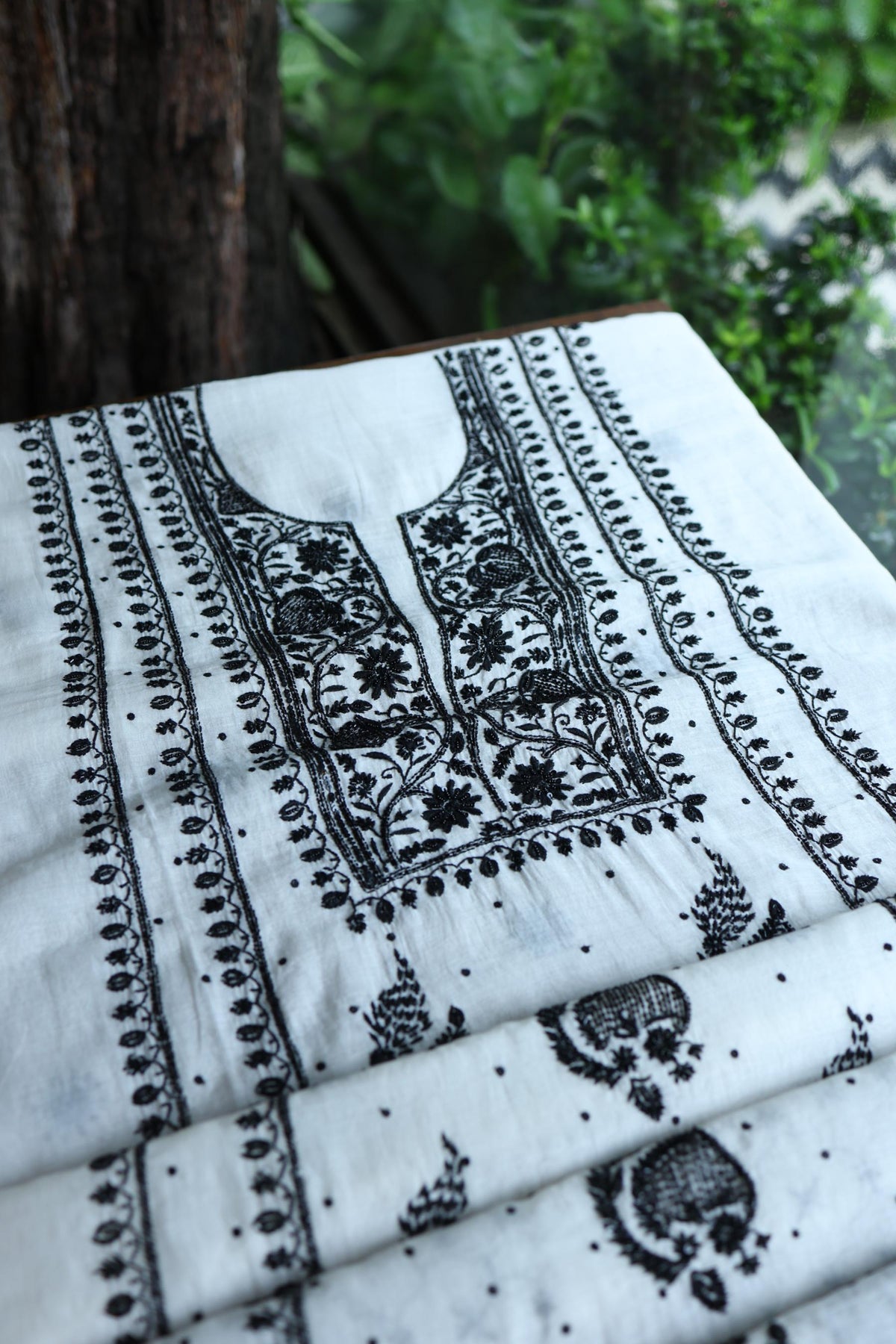 Monochrome Mal Chanderi Silk Chikankari A Line Unstitched Fabric