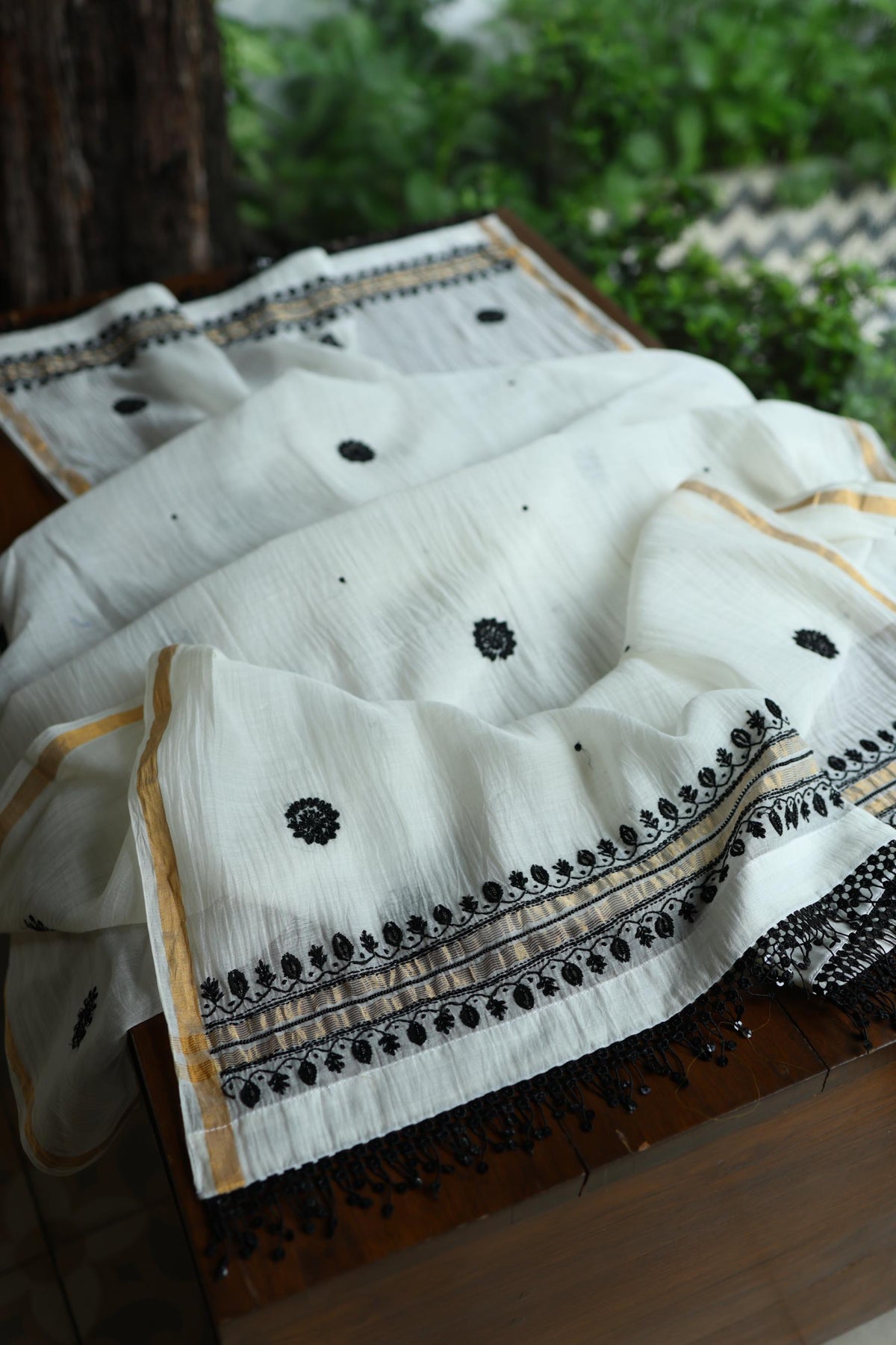 Monochrome Mal Chanderi Silk Chikankari A Line Unstitched Fabric