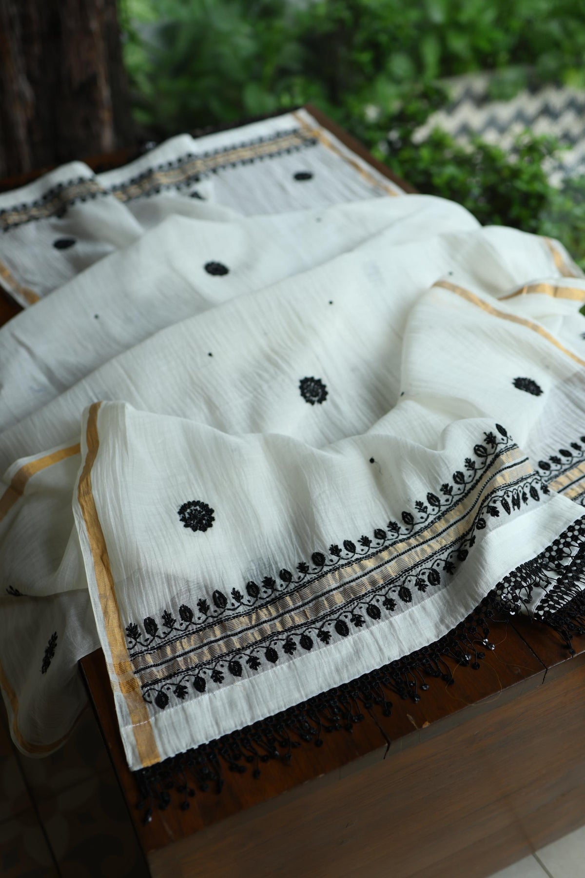 Monochrome Mal Chanderi Silk Chikankari A Line Unstitched Fabric
