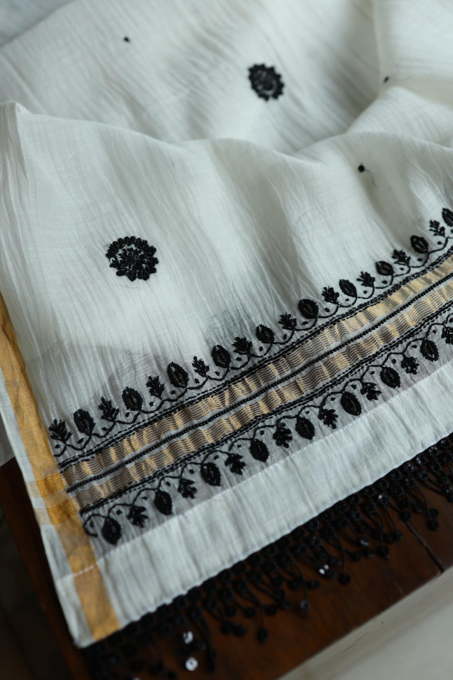 Monochrome Mal Chanderi Silk Chikankari A Line Unstitched Fabric