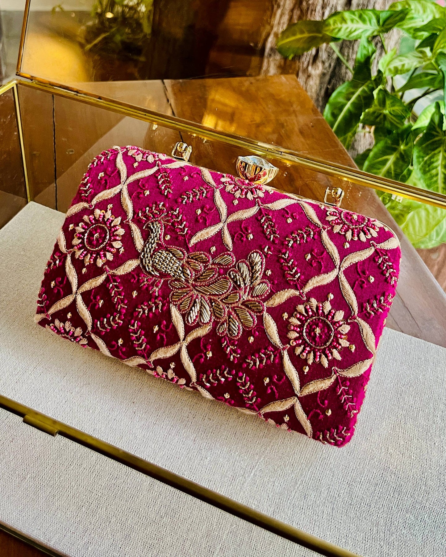 Moonga Silk Magenta Peacock Motif Chikankari Handle Sling Clutch