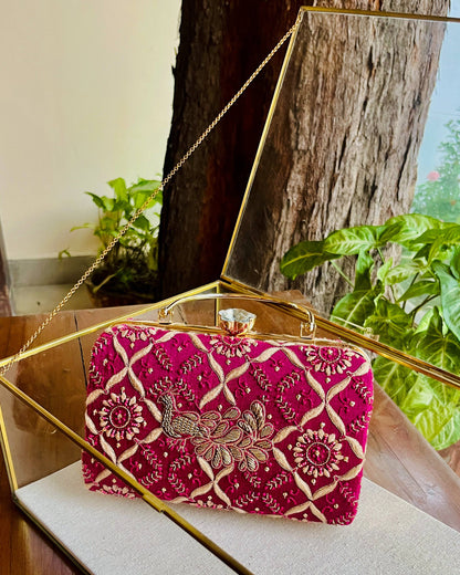 Moonga Silk Magenta Peacock Motif Chikankari Handle Sling Clutch