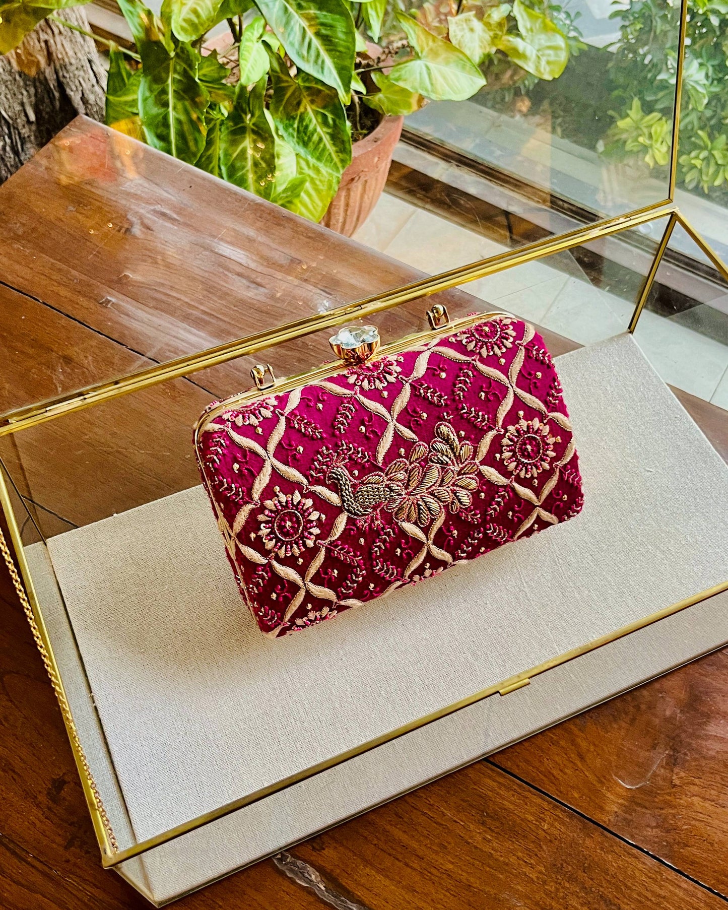 Moonga Silk Magenta Peacock Motif Chikankari Handle Sling Clutch