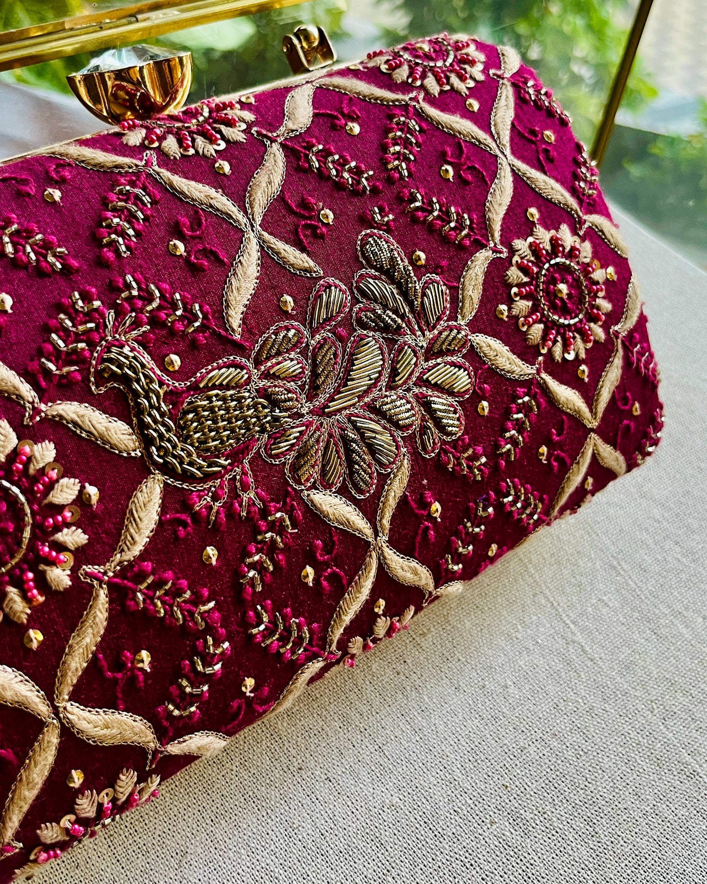 Moonga Silk Magenta Peacock Motif Chikankari Handle Sling Clutch