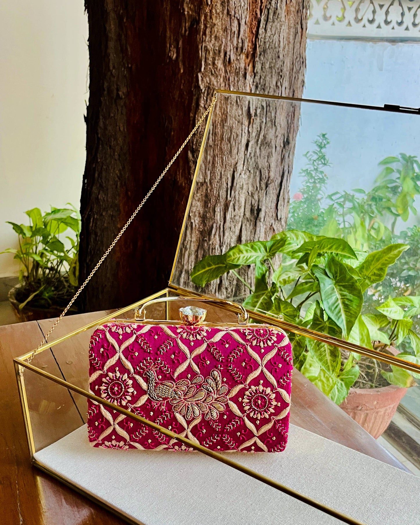 Moonga Silk Magenta Peacock Motif Chikankari Handle Sling Clutch