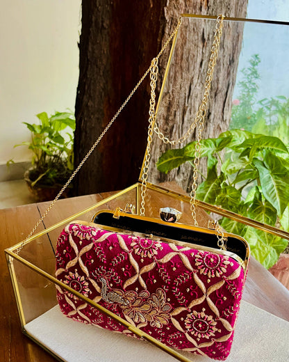 Moonga Silk Magenta Peacock Motif Chikankari Handle Sling Clutch