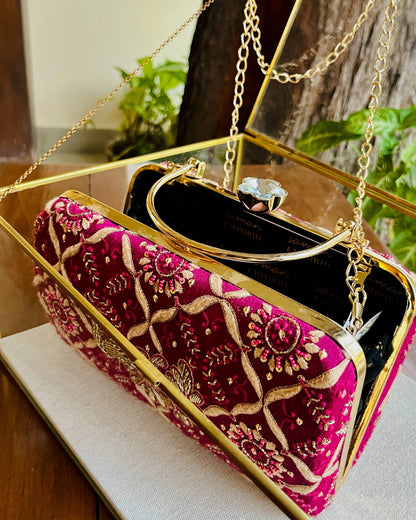 Moonga Silk Magenta Peacock Motif Chikankari Handle Sling Clutch