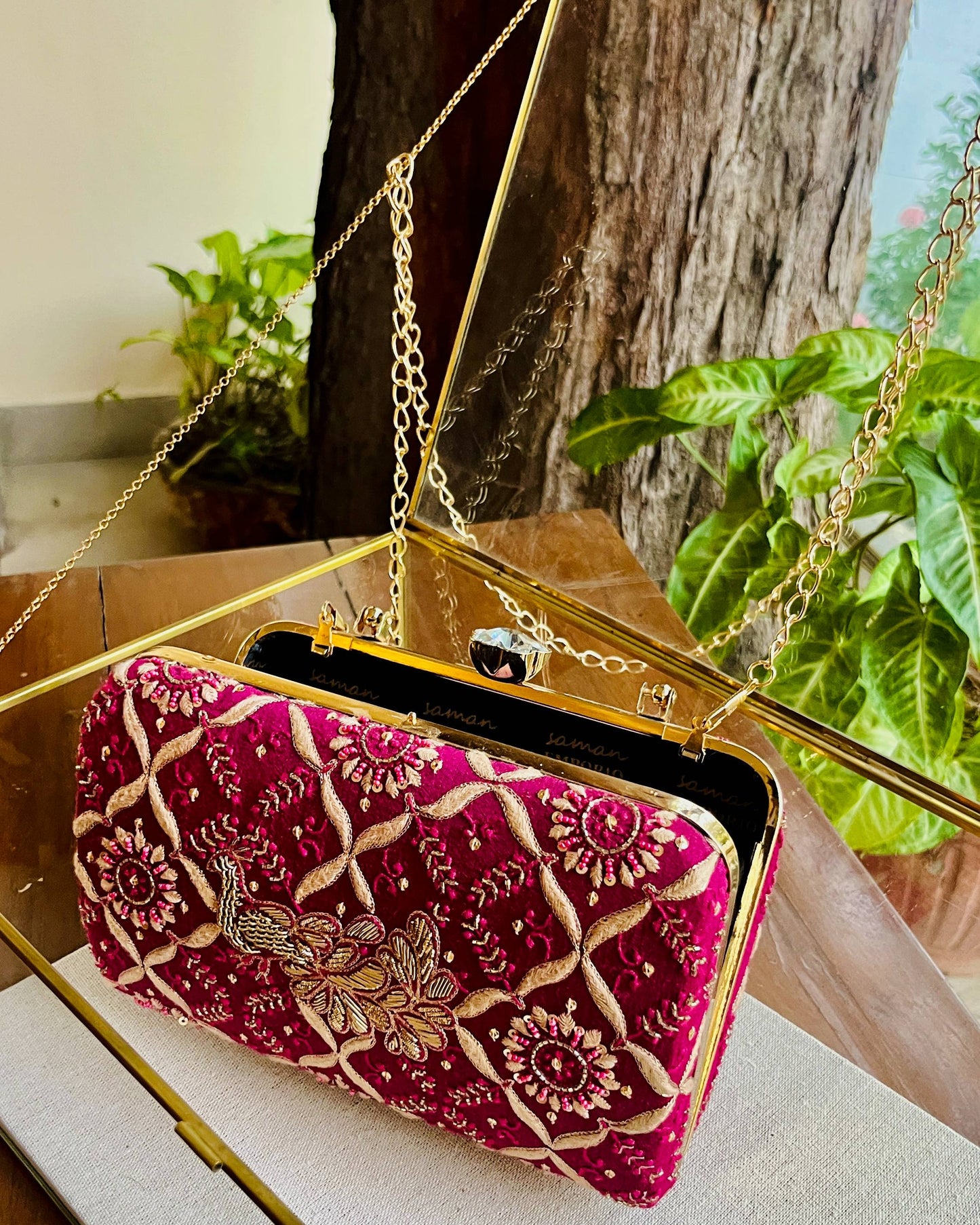 Moonga Silk Magenta Peacock Motif Chikankari Handle Sling Clutch