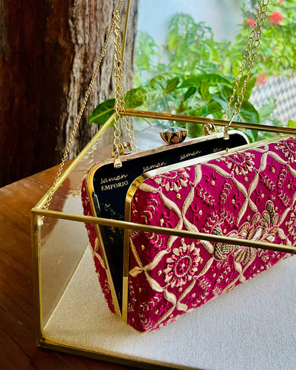 Moonga Silk Magenta Peacock Motif Chikankari Handle Sling Clutch