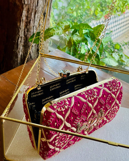 Moonga Silk Magenta Peacock Motif Chikankari Handle Sling Clutch