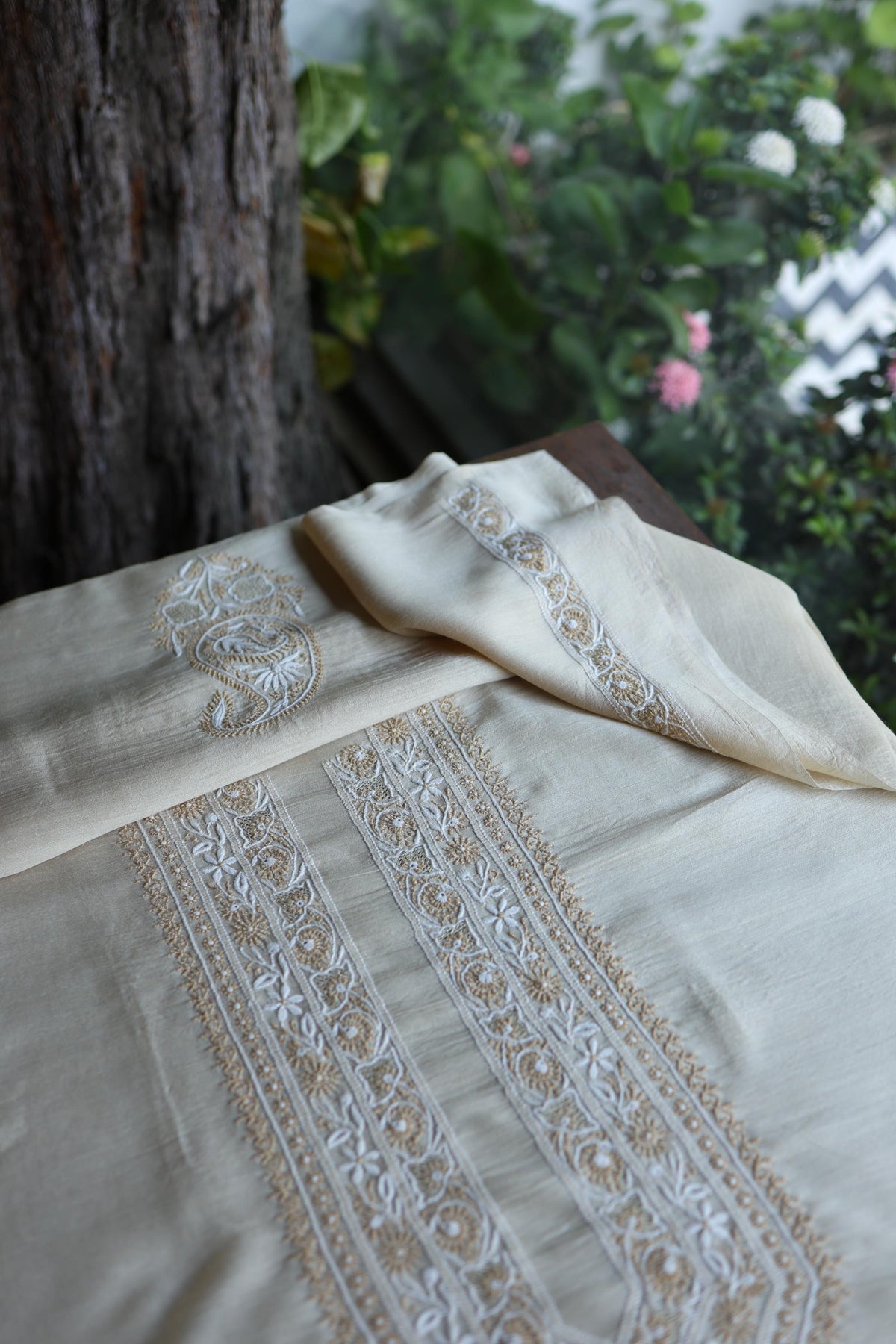 Moonga Silk Natural Beige Chikankari Men’s Kurta Fabric