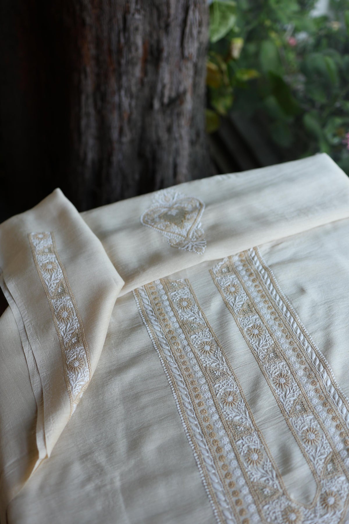 Moonga Silk Natural Beige Chikankari Men’s Kurta Fabric