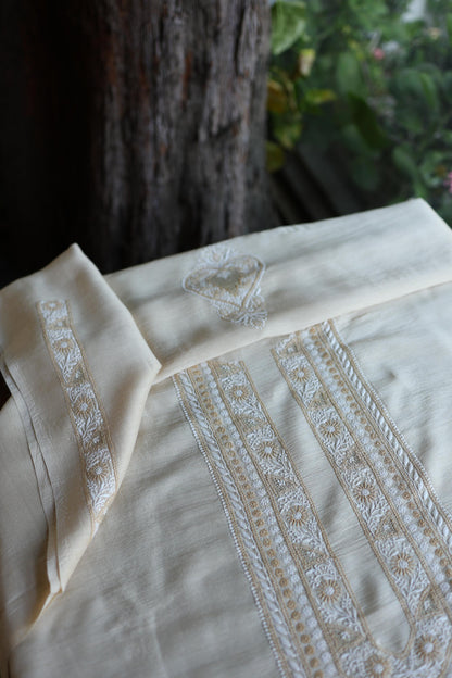 Moonga Silk Natural Beige Chikankari Men’s Kurta Fabric