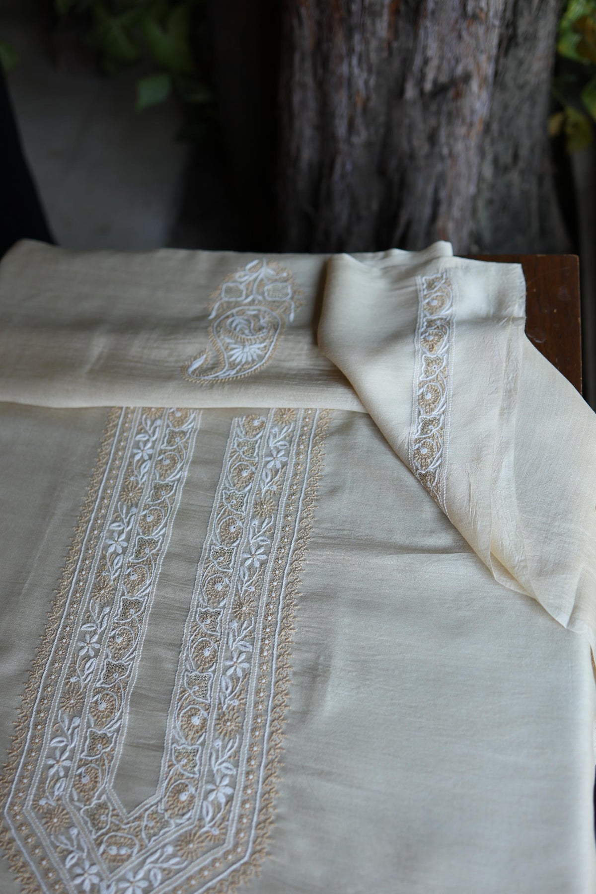 Moonga Silk Natural Beige Chikankari Men’s Kurta Fabric