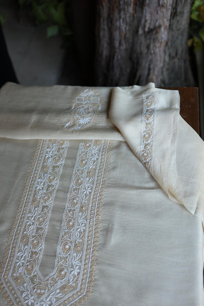 Moonga Silk Natural Beige Chikankari Men’s Kurta Fabric