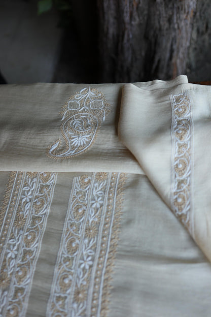 Moonga Silk Natural Beige Chikankari Men’s Kurta Fabric