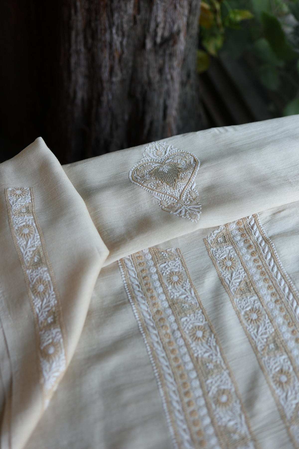 Moonga Silk Natural Beige Chikankari Men’s Kurta Fabric