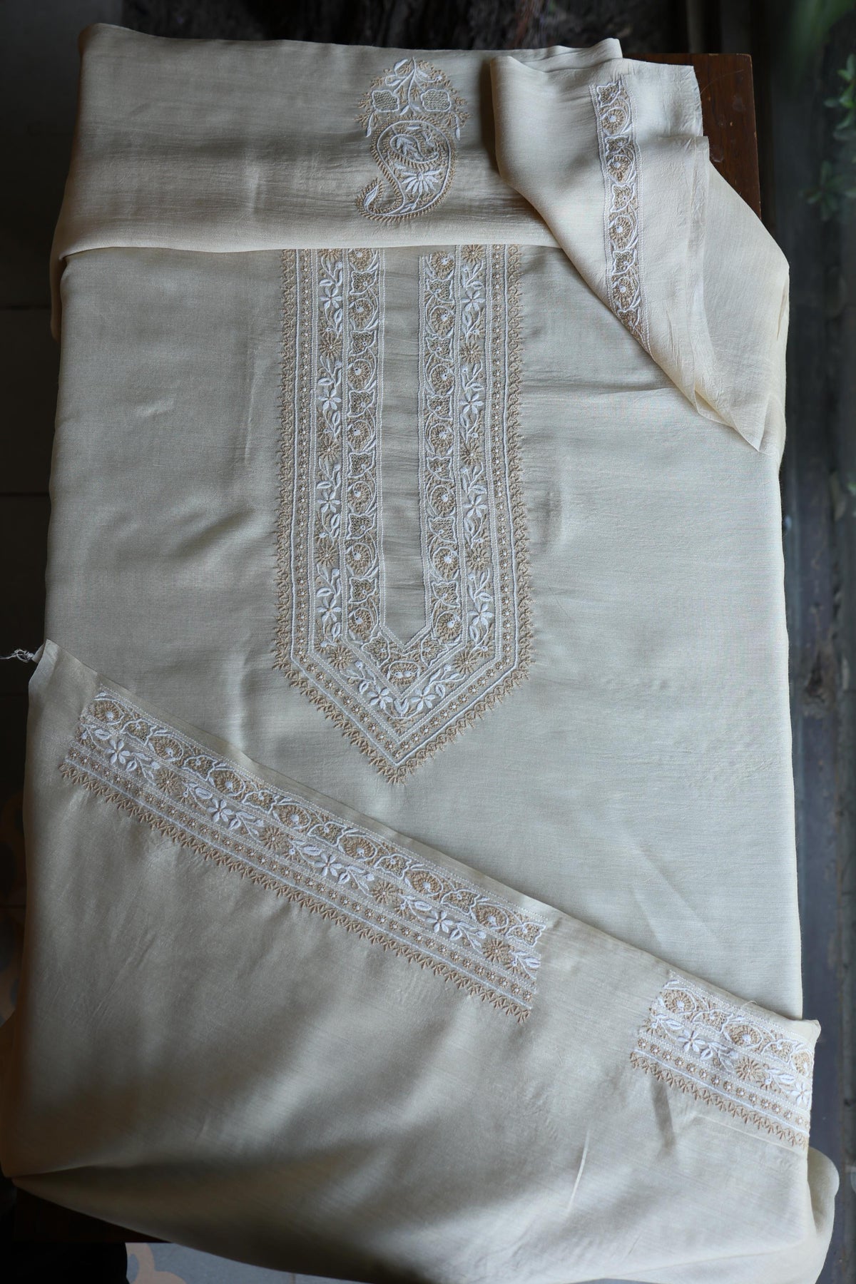 Moonga Silk Natural Beige Chikankari Men’s Kurta Fabric