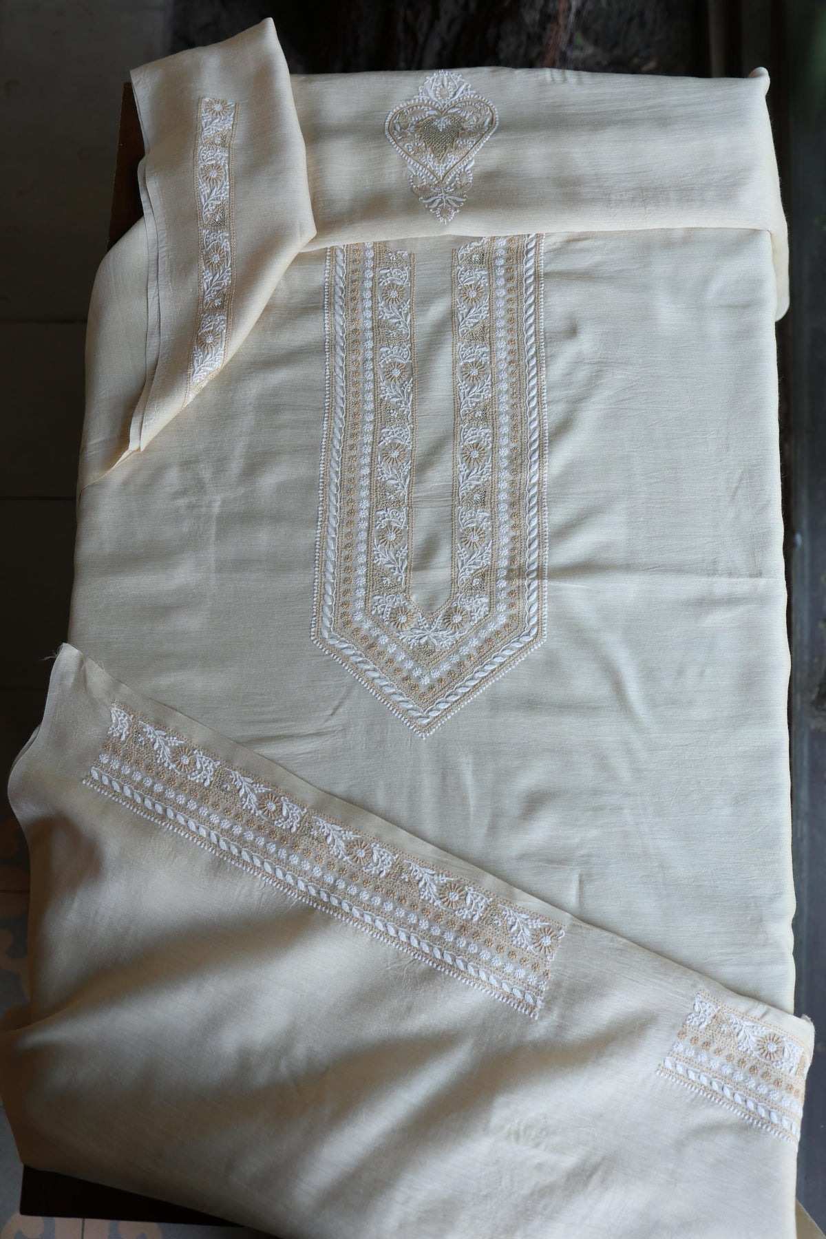 Moonga Silk Natural Beige Chikankari Men’s Kurta Fabric