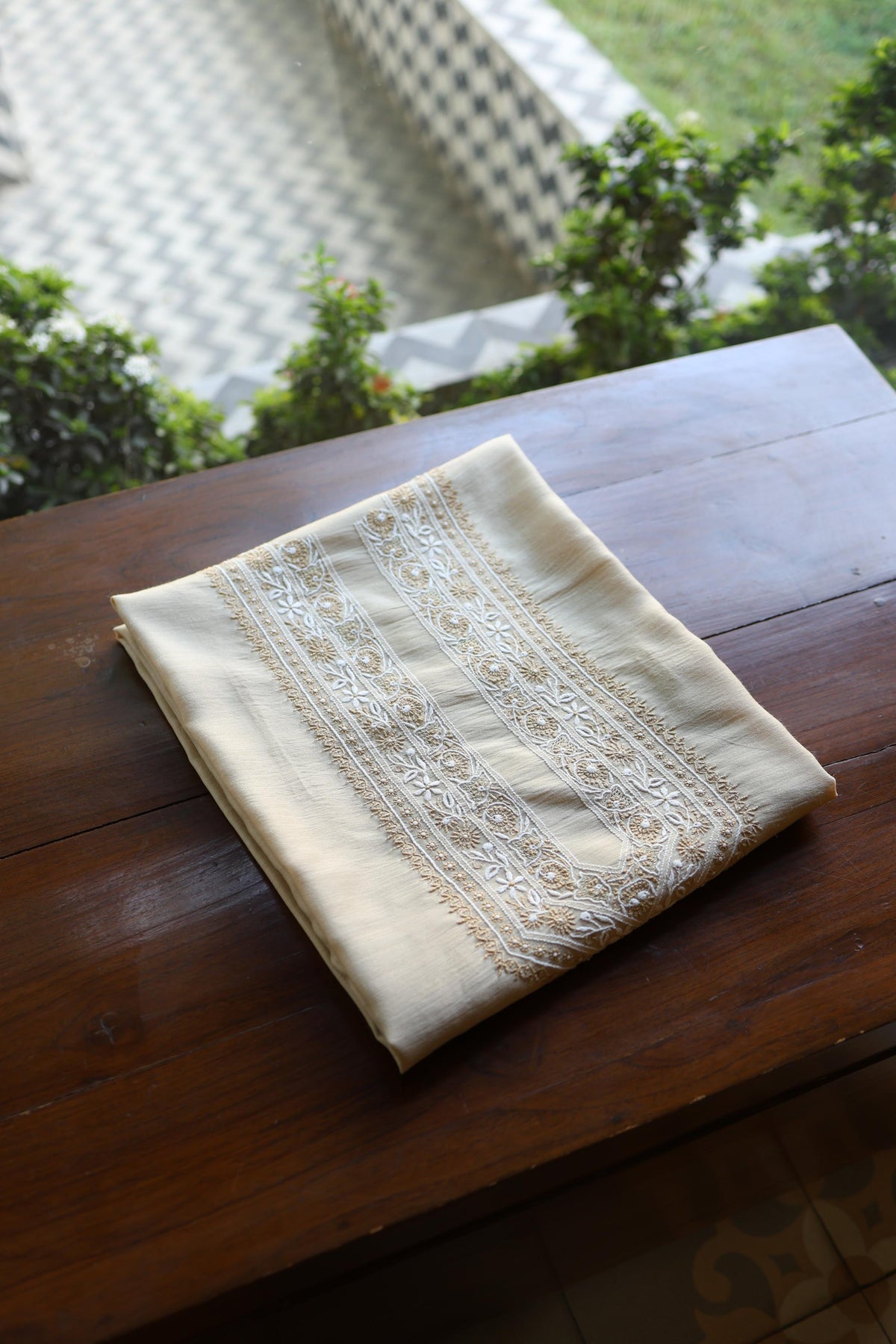 Moonga Silk Natural Beige Chikankari Men’s Kurta Fabric