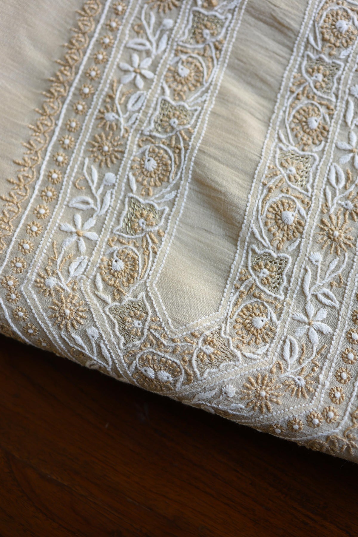 Moonga Silk Natural Beige Chikankari Men’s Kurta Fabric