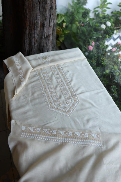 Moonga Silk Natural Beige Chikankari Men’s Kurta Fabric